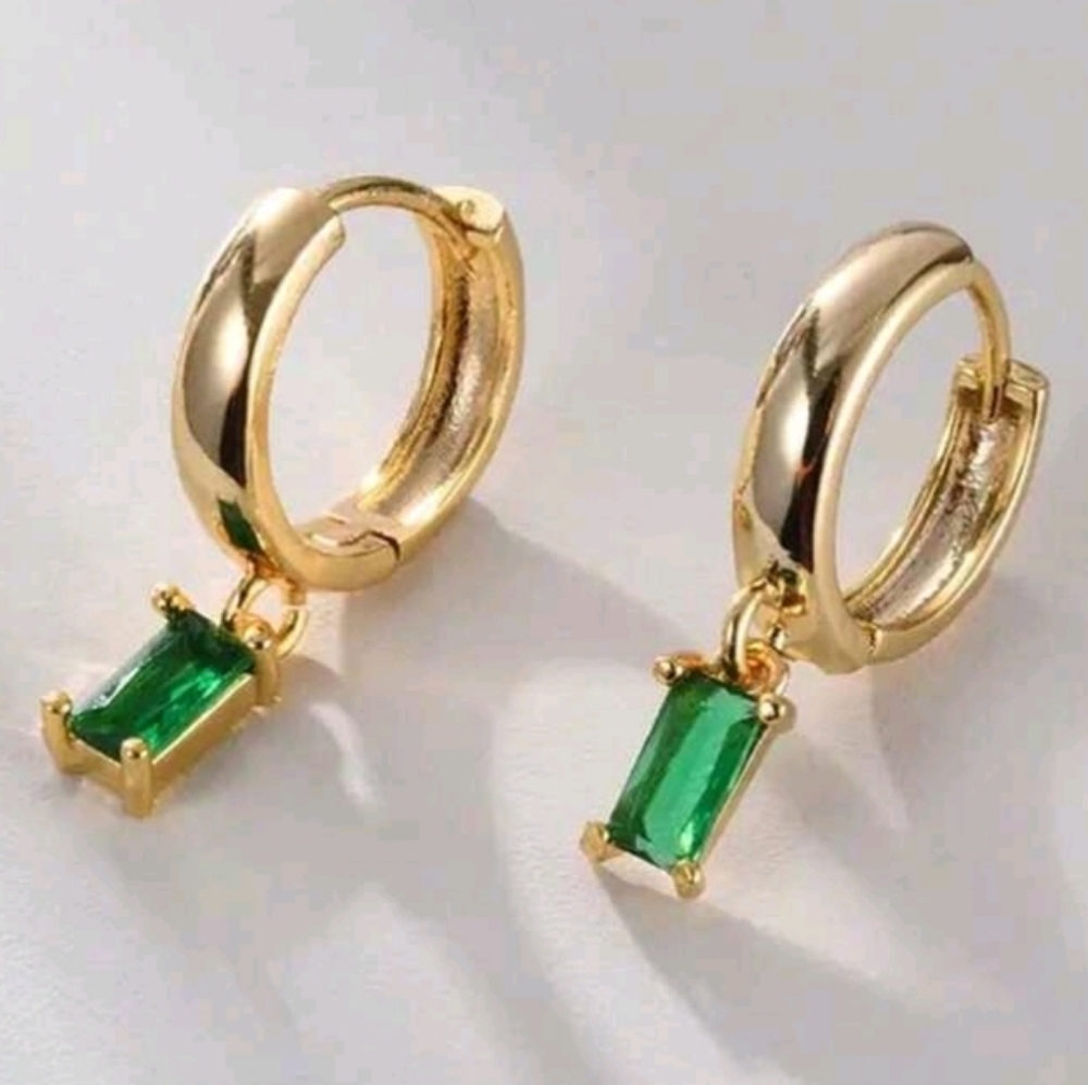 NEW! 14K Gold Plated Small Huggies Hoop Earrings with Green Emerald Charm